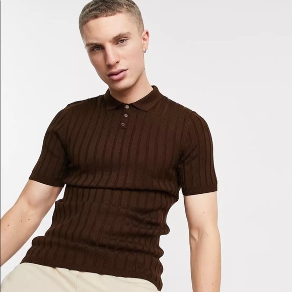 ASOS Design Men’s Muscle Fit Knit Polo Ribbed Short Sleeve‎ tan size XL fitted - Picture 9 of 9